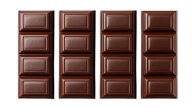 A plain chocolate bar divided into uniform segments with satin texture and sharp edges, isolated on transparent background.
