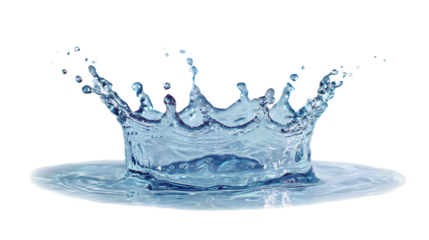 A symmetric crown-shaped water splash frozen in motion with crisp droplets suspended, isolated on transparent background.
