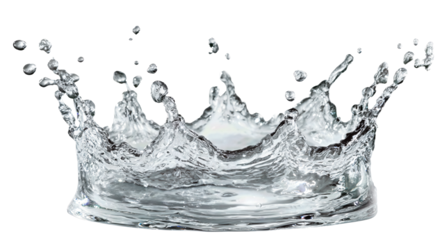 A symmetric crown-shaped water splash frozen in motion with crisp droplets suspended, isolated on transparent background.
