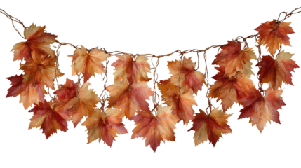 An artificial maple leaf garland coiled neatly with autumnal tones and subtle veining detail, isolated on transparent background.

