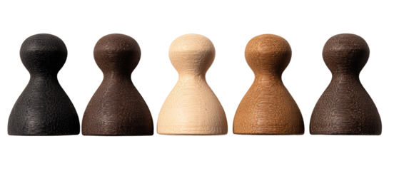 A wooden meeple set of five classic pawn silhouettes arranged in a semicircle with matte painted finish, isolated on transparent background.
