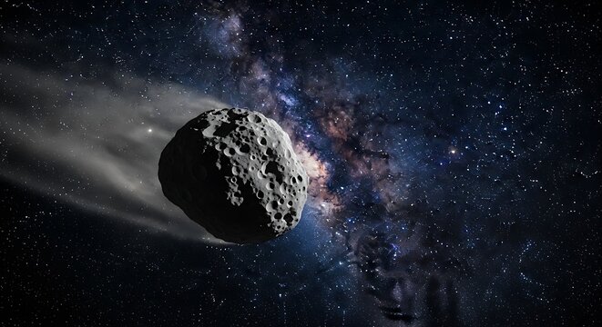 Asteroid in deep space with galaxy background