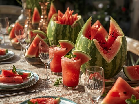  Elegant Table with Watermelon Beverages and Fruit,
Creative Summer Drinks with Watermelon Carvings,
Watermelon Themed Party Table with Refreshments,
Fresh Watermelon Slices and Drinks 