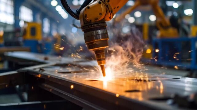 Robotic Arm Welding Metal with Sparks in Factory Setting