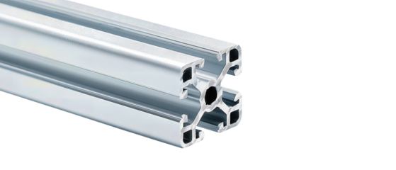 Precision aluminum extrusion 2020 with deburred edges and crisp profile geometry, shown diagonally, isolated on transparent background.
