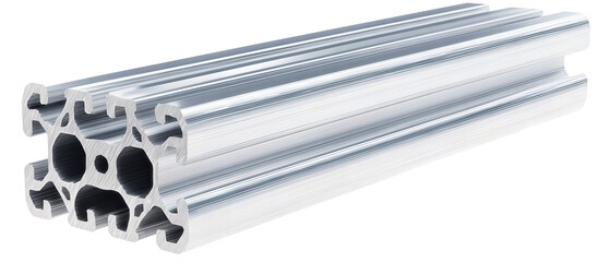 Precision aluminum extrusion 2020 with deburred edges and crisp profile geometry, shown diagonally, isolated on transparent background.
