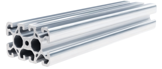 Precision aluminum extrusion 2020 with deburred edges and crisp profile geometry, shown diagonally, isolated on transparent background.
