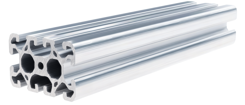 Precision aluminum extrusion 2020 with deburred edges and crisp profile geometry, shown diagonally, isolated on transparent background.
