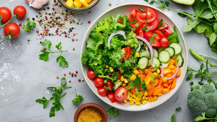 A colorful salad bowl filled with fresh vegetables like tomatoes, cucumbers, and lettuce is surrounded by additional ingredients on a bright yellow surface.generative ai