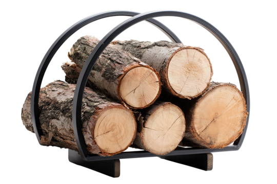A matte black powder-coated log holder with cross-supported hoop frame, neat and minimal, isolated on transparent background.

