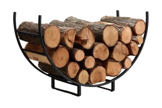 A matte black powder-coated log holder with cross-supported hoop frame, neat and minimal, isolated on transparent background.
