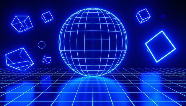 Neon glowing wireframe sphere and cubes on grid floor