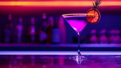 A vibrant cocktail with cherry and rosemary sits on a bar counter illuminated by neon lights. The colorful drink is surrounded by various liquor bottles, creating a lively atmosphere.generative ai