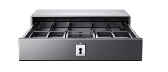 A sturdy metal cash drawer with coin and bill tray exposed, clean geometry, and keyhole centered, isolated on transparent background.
