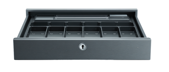 A sturdy metal cash drawer with coin and bill tray exposed, clean geometry, and keyhole centered, isolated on transparent background.
