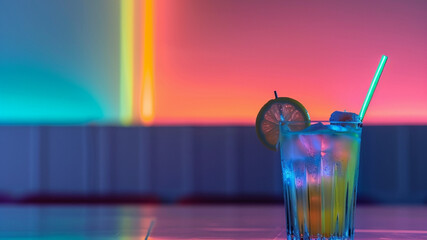 A vibrant cocktail with cherry and rosemary sits on a bar counter illuminated by neon lights. The colorful drink is surrounded by various liquor bottles, creating a lively atmosphere.generative ai