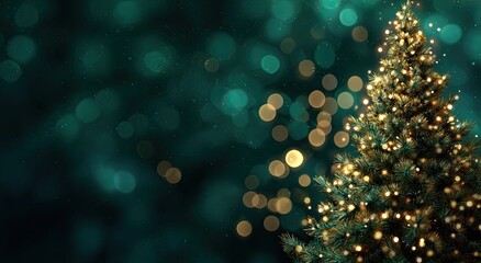 Christmas tree, teal backdrop, bokeh lights