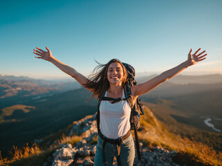Young woman with backpack celebrating on mountain peak at sunset with arms raised hiking
