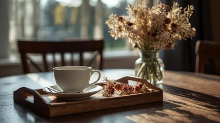 Still life with a cup of hot coffee and fresh pink rose flowers on a brown table