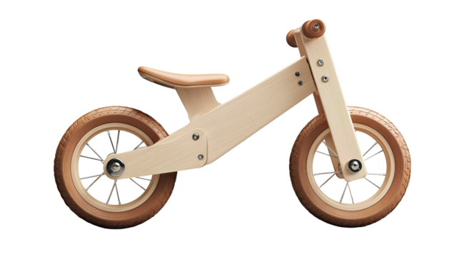 A birch wood balance bicycle with adjustable saddle, tidy spoked wheels, and minimalist design, isolated on transparent background.
