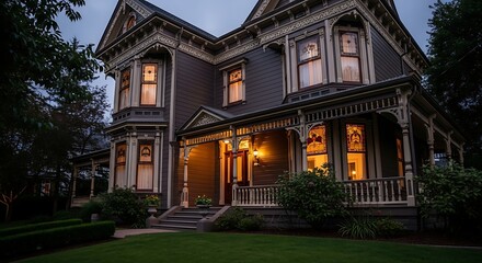 Historic Victorian Mansion Illuminated at Dusk.
