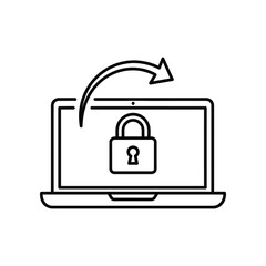 Secure Technology: A sleek, minimalist illustration of a laptop screen displaying a padlock symbol and a curved arrow, depicting digital security and data protection. 
