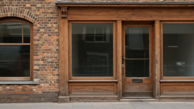 Traditional building front with wooden door and large windows in brick facade
