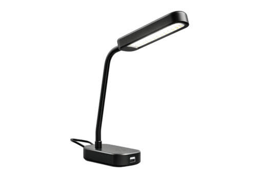 A magnetic work light with slim LED bar, rotating head, and covered USB charging port, isolated on transparent background.
