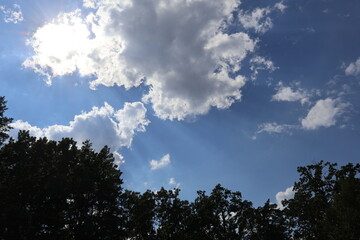 Sun shining through white clouds in a blue sky over trees