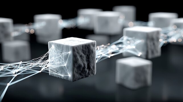 the image features a series of white, cube shaped objects with a rough, stone like texture set against a dark, blurred background