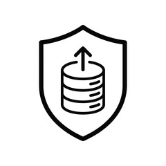 Data Security Shield: An illustrated shield symbolizes data protection, encompassing a stack of storage disks and an upward-pointing arrow, highlighting data transfer and safeguarding. 