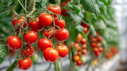Fototapeta premium Vibrant red tomatoes hang from lush green vines, showcasing a healthy crop in a greenhouse environment, ready for harvest.