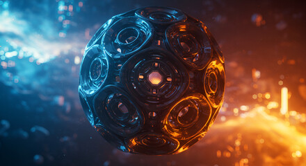 Futuristic spherical object illuminated by contrasting blue and orange lights