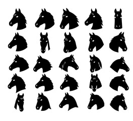 Horse head vector black silhouette lineart logo icon bundle, animal isolated on white background collection, creative minimal clean detail editable set