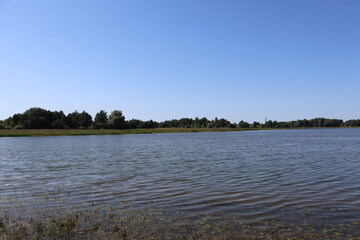 Calm lake reflecting blue sky on sunny summer day