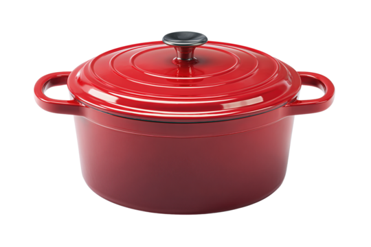 A cast iron Dutch oven with enameled round body, loop handles, and tight lid, isolated on transparent background.
