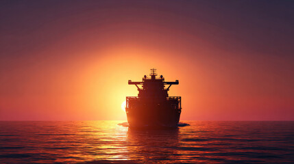 Fototapeta premium cargo ship silhouette approaching invisible tariff wall made of translucent glass ocean sunset conceptual art illustration concept scene visual for commercial design use high detail quality stock img