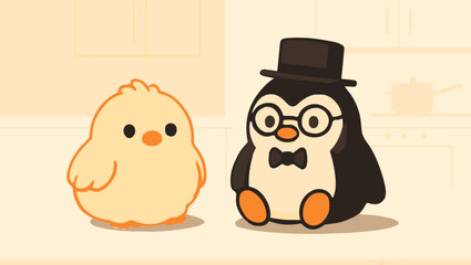 Whimsical Chick and Penguin on Kitchen Countertop, illustraiton, vector, design, cartoon vector, vector cartoon