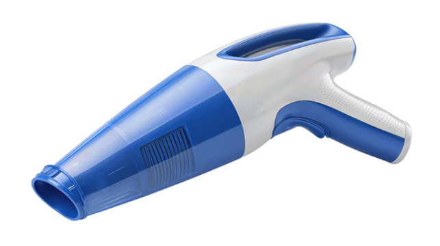 A handheld mini vacuum with slim cordless body, tapered nozzle, and flush power button, isolated on transparent background.
