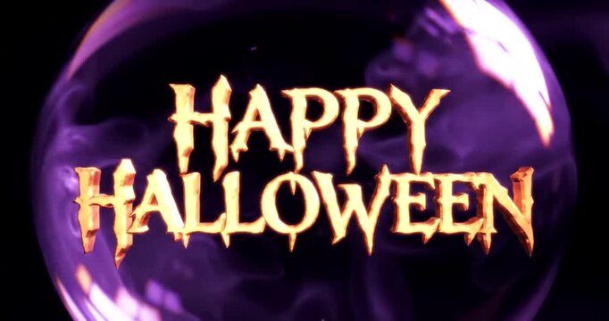 Happy Halloween text with spooky purple smoke inside a glass orb.