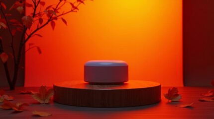 Autumn display podium with fallen leaves and branch product presentation