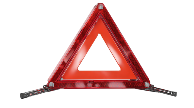 An emergency warning triangle with fold-out reflective frame and neat metal feet, isolated on transparent background.

