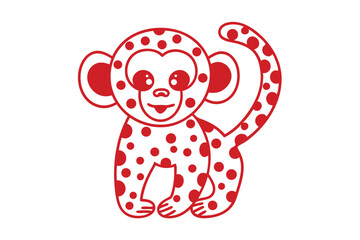 Cartoon Monkey Illustration, Red and White Polka Dots, Funny Animal Art