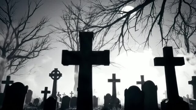 Eerie moonlit graveyard scene at twilight, featuring haunting cross headstones and bare trees, creating a spooky halloween wallpaper perfect for gothic themes and digital backdrops