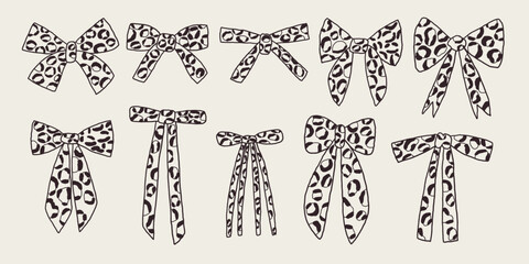 Bow with Leopard Print Animal Pattern. Coquette Ribbon Graphic Line Hand Drawn Design. Fashion Vector Sketch Illustration © Anna Drozdova