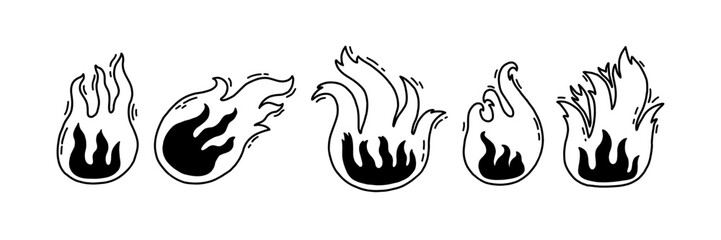 Doodle Black Fire Flame Icon Set. Vector Grafitti Grunge Brush Illustration 