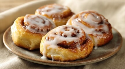 Four glazed cinnamon rolls on a plate (1)
