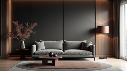 Elegant living room with grey sofa and decorative vase coffee table floor lamp