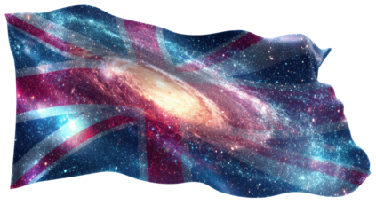 A British flag superimposed with a vibrant, detailed galaxy