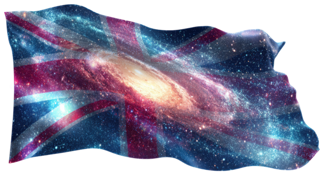 A British flag superimposed with a vibrant, detailed galaxy